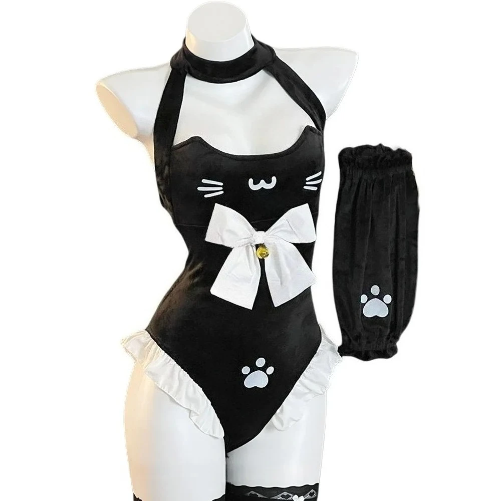 Anime Katzenmädchen Dienstmädchen-Uniform Niedliche Katzenpfoten-Schleife Bodysuit Outfits Cosplay Kostüme Glocken-Kitty Rollenspiel Unterwäsche Nachtwäsche