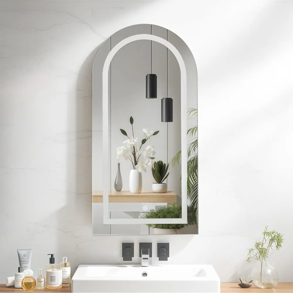 

Arched Medicine Cabinet with LED Light, Recessed White Bathroom Mirror Cabinet with Integrated Storage, Wall-Mounted