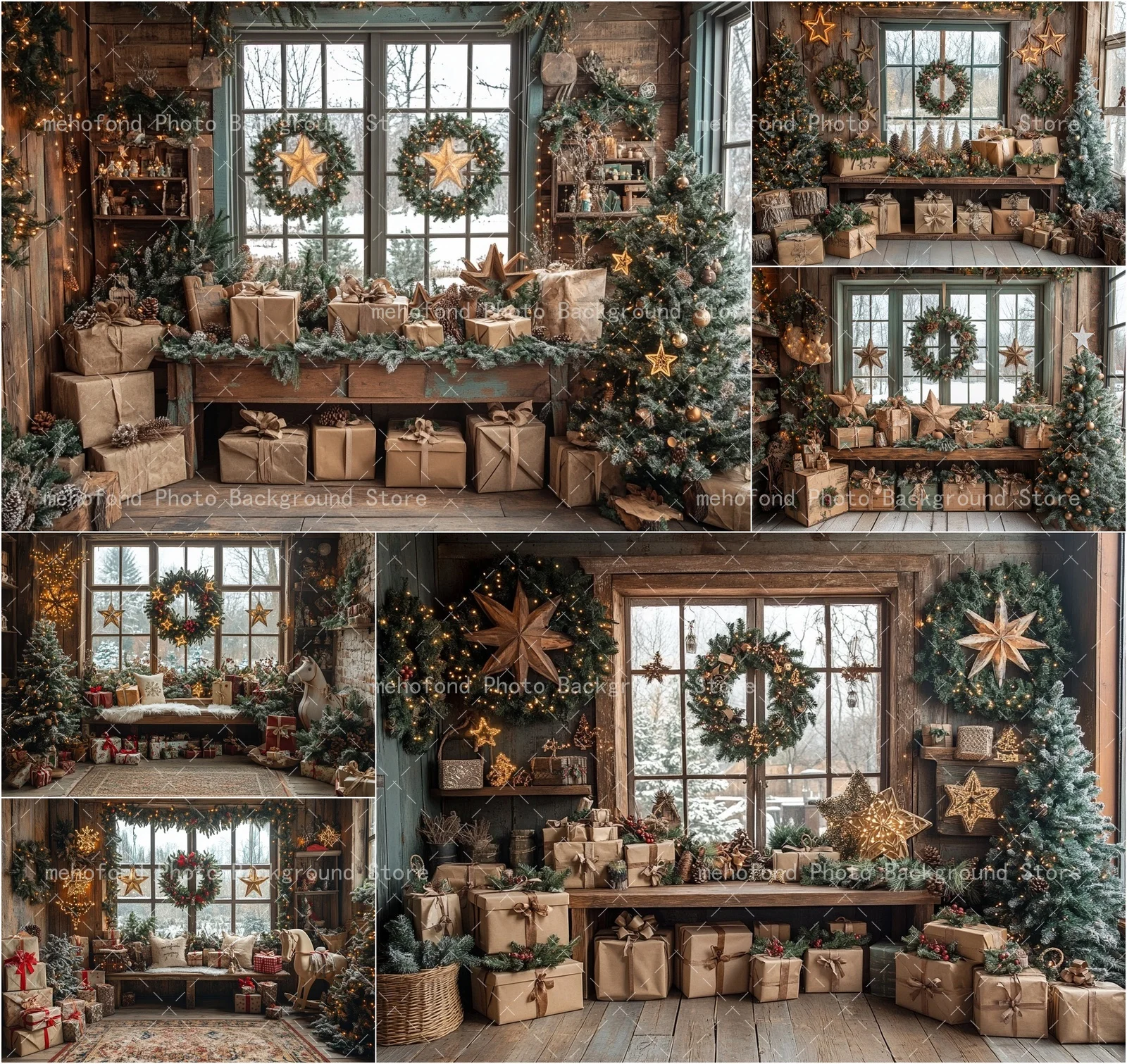 Mehofond Photography Background Christmas Wooden Bench Pentagram Lamp Grass Global Ornament Kids Family Portrait Backdrop Decor