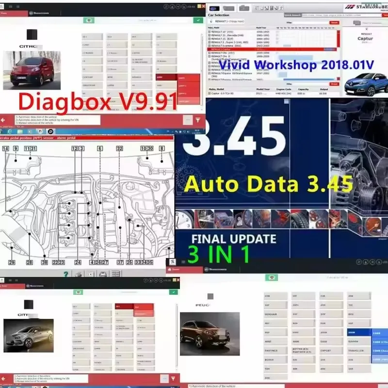 

2025 NEW Auto Data 3.45 + Diagbox V9.91 + Vivid Workshop Data Atris Stakis 2018.01V Diagnostic Tool Software 3 IN 1 software
