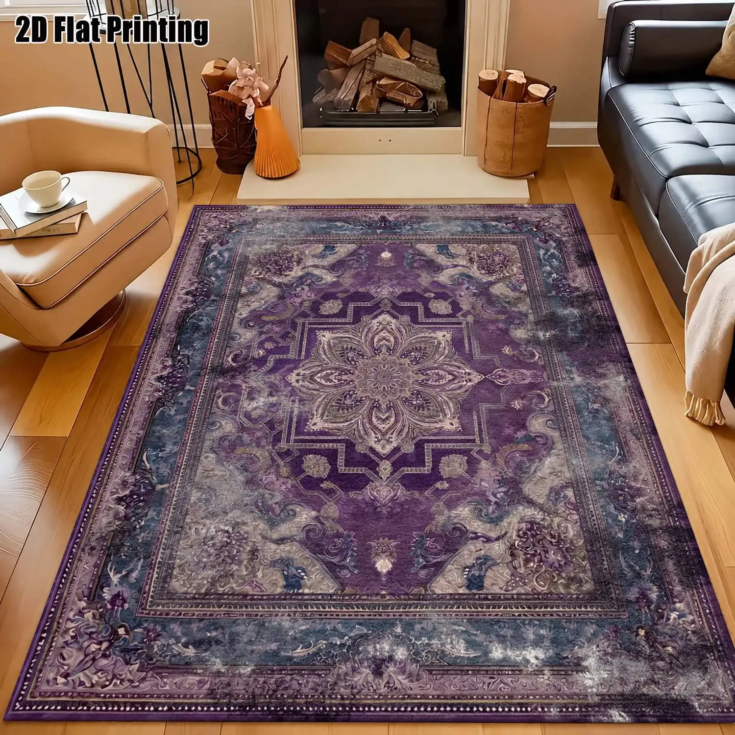 1Pc 2D Printed Retro Purple-Blue Floral Carpet: European, Bohemian, Geometric Style, Machine Washable, Multi-Size, Ideal for Entrance, Dining Room, Foyer, Bedroom, Living Room Home Decoration