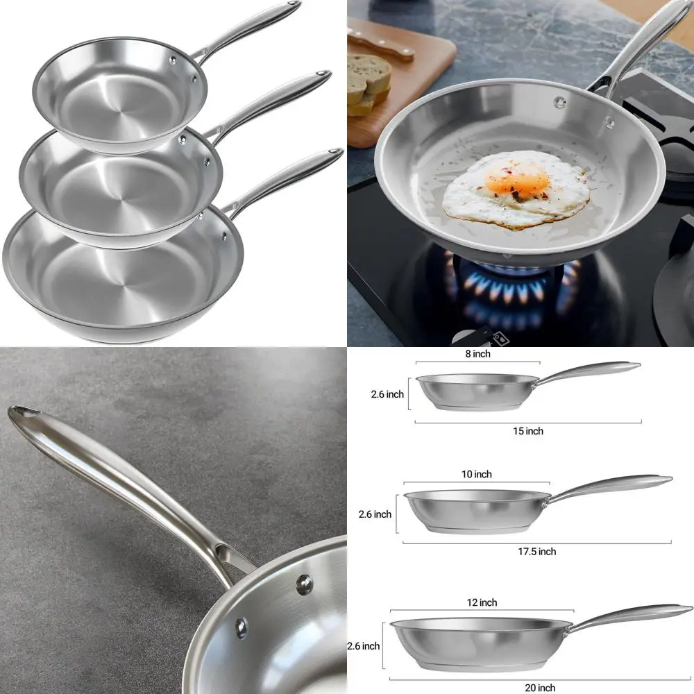 

3-Piece Stainless Steel Fry Pan Set: 8, 10, 12 Skillets, Dishwasher & Oven Safe Cookware