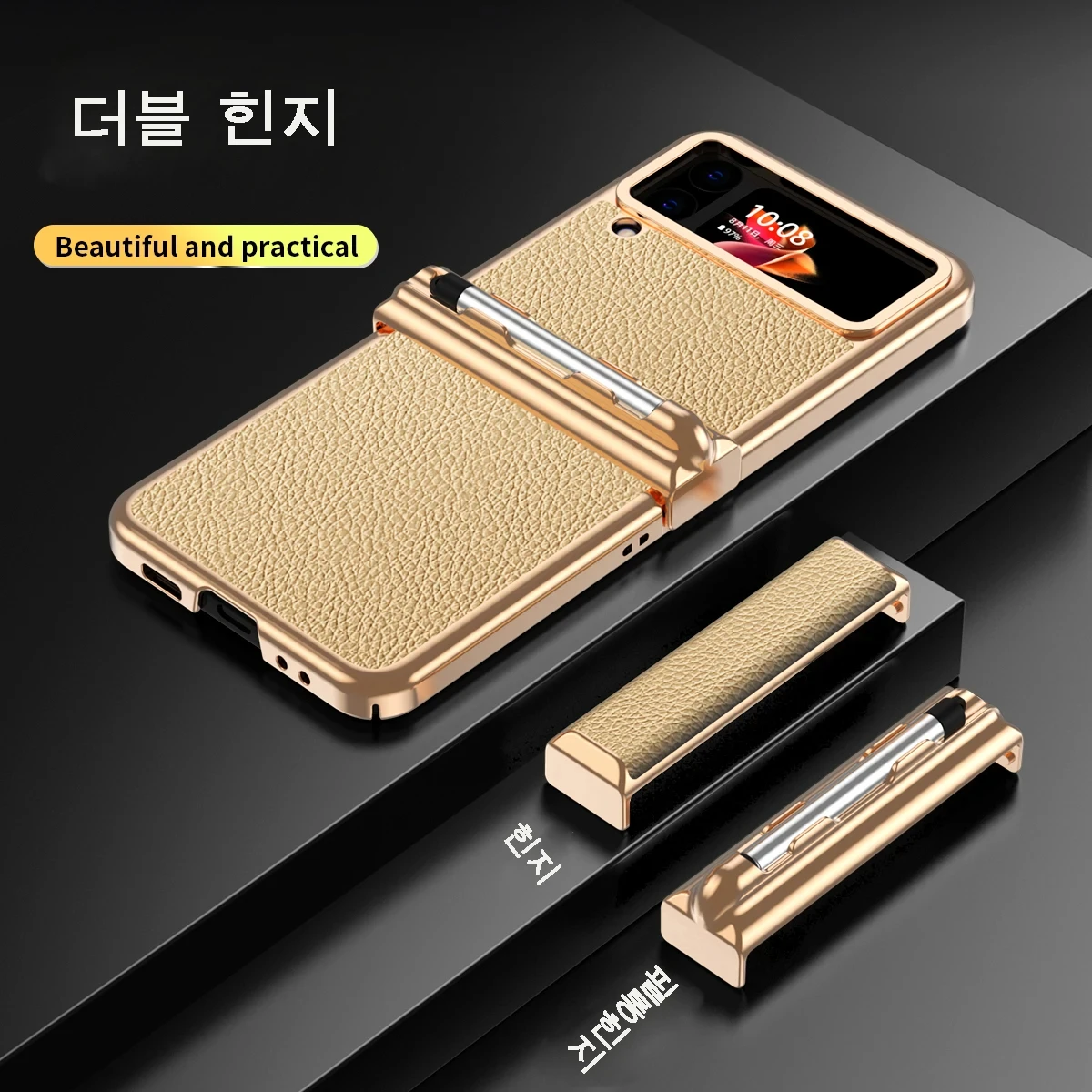 With S Pen Dual Hinge with Touch Pen Slot Luxury Leather For Samsung Galaxy Z Flip 6 5 Galaxy Z Flip4 Galaxy Z Flip 3 stand Case