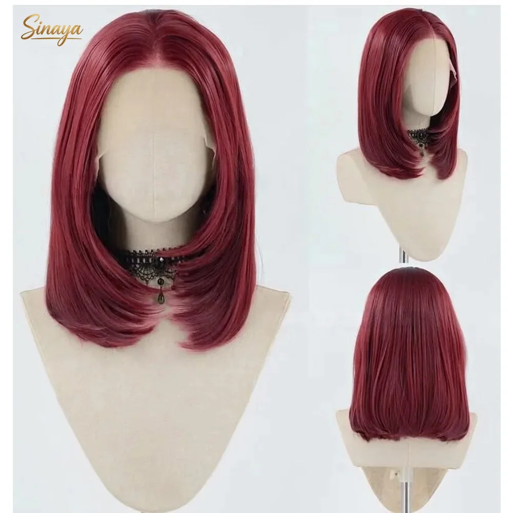 

Burgundy Red Layered Cut Short Bob Straight Wig Soft Synthetic Lace Wigs Swiss Lace 13x4 HD Lace Front Wig Heat Resistant Fiber