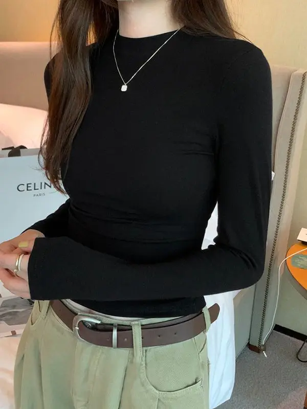 Casual Basic Velvet Bottoming T-shirt for Women Autumn New Simple Slim Fit Stretch Layering Tee Solid Color Long Sleeve Tops