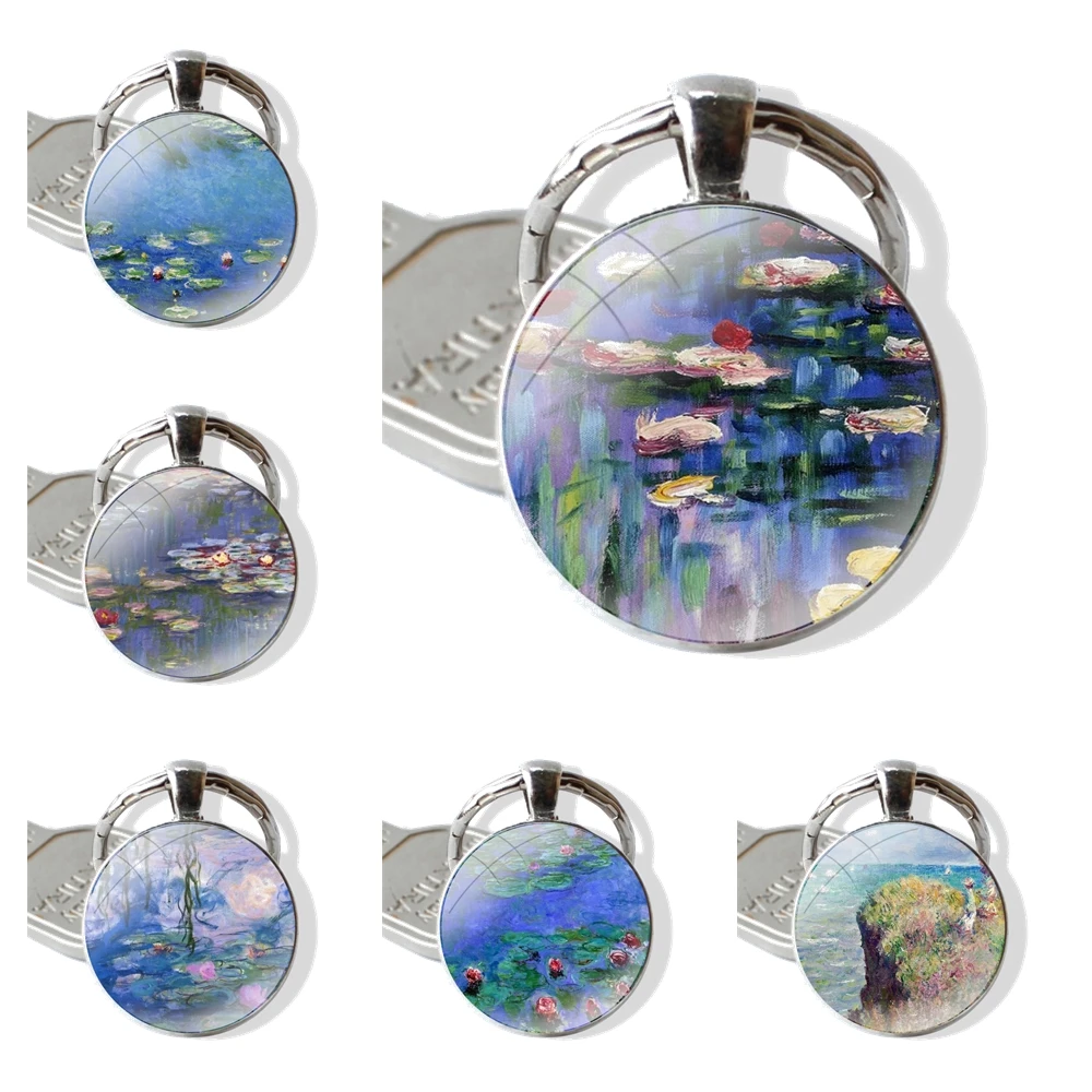 Cartoon Gift Creative Funny claude monet Garden Lotus Bridge Keychain Handmade Glass Cabochon Key Ring Holder Pendant Key Chains