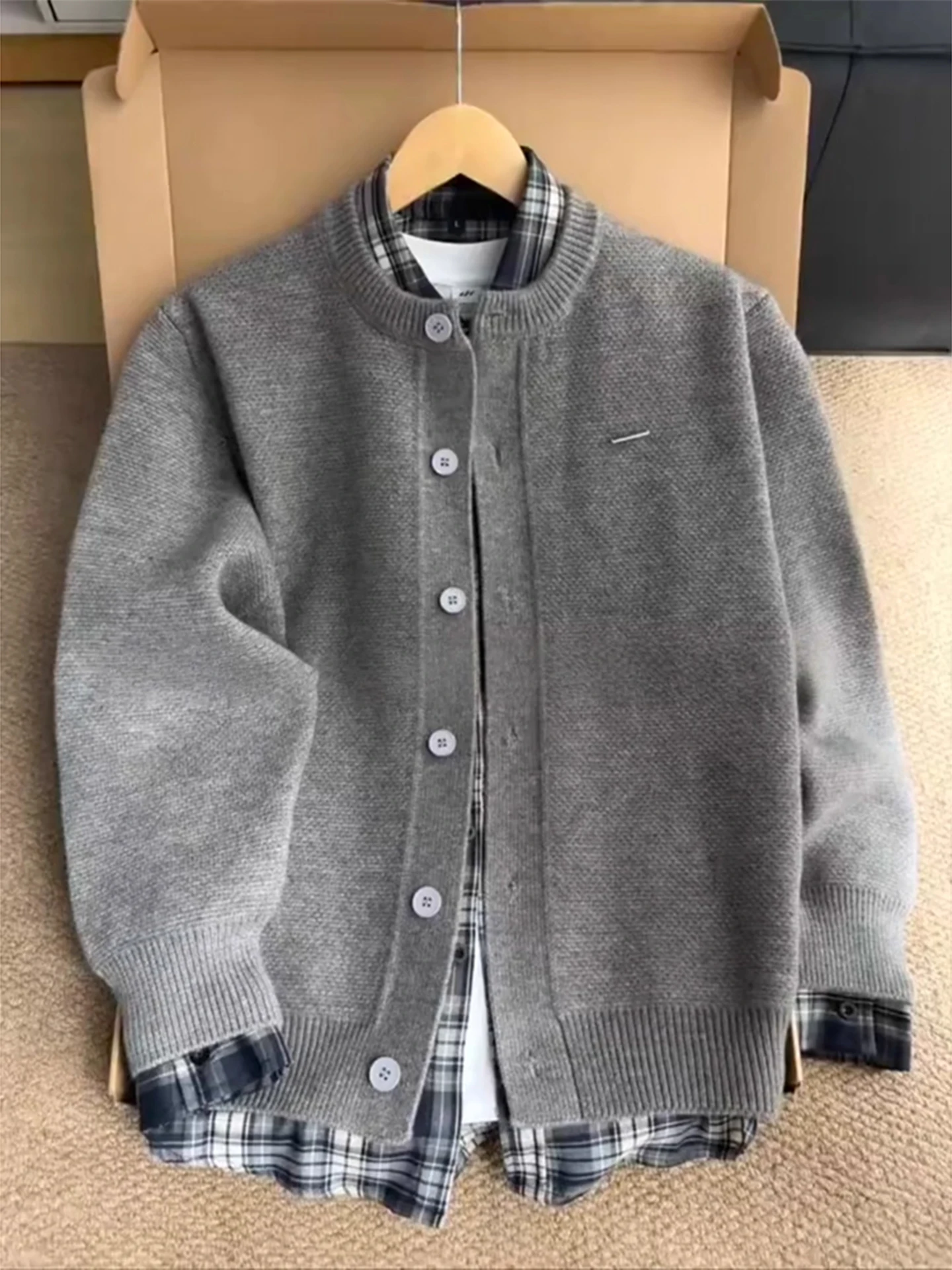 

ay Knitted Cardigan Sweater Men's Sle Vintage American High-End Feel Cleanfit Hoodie Button up Long Sve Loose Fit