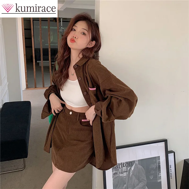 Retro Long Sleeved Shirt Korean Version Loose and Fashionable Jacket Slimming Half Skirt Two-piece Set for Women Skirt Sets