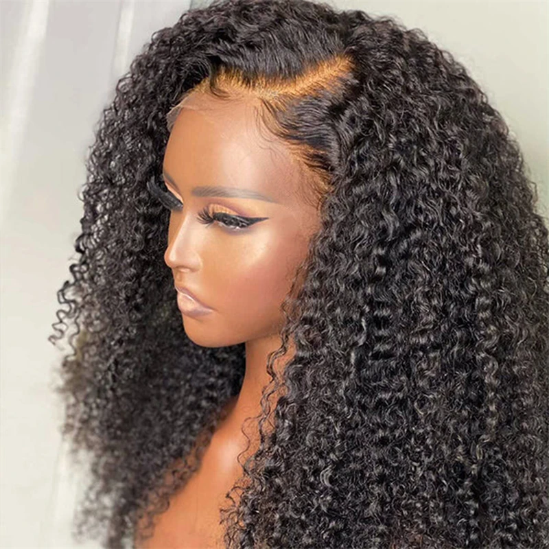 Natural Black Long 26inch 180% Density Preplucked Soft Kinky Curly Lace Front Wig For Women Baby hair Heat Resistant Glueless