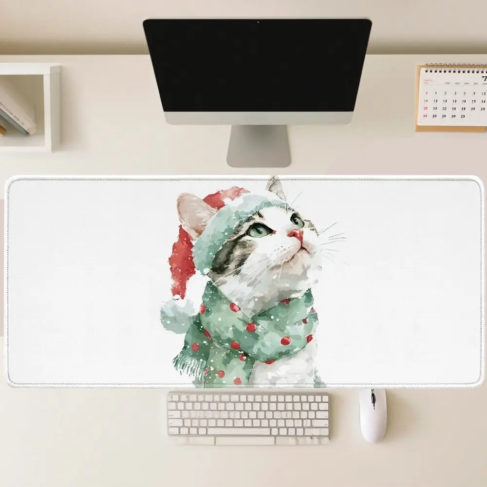 

Большой акварельный коврик для стола с рождественским котом, удлиненный зимний праздничный коврик для мыши, нескользящий милый декор для офиса