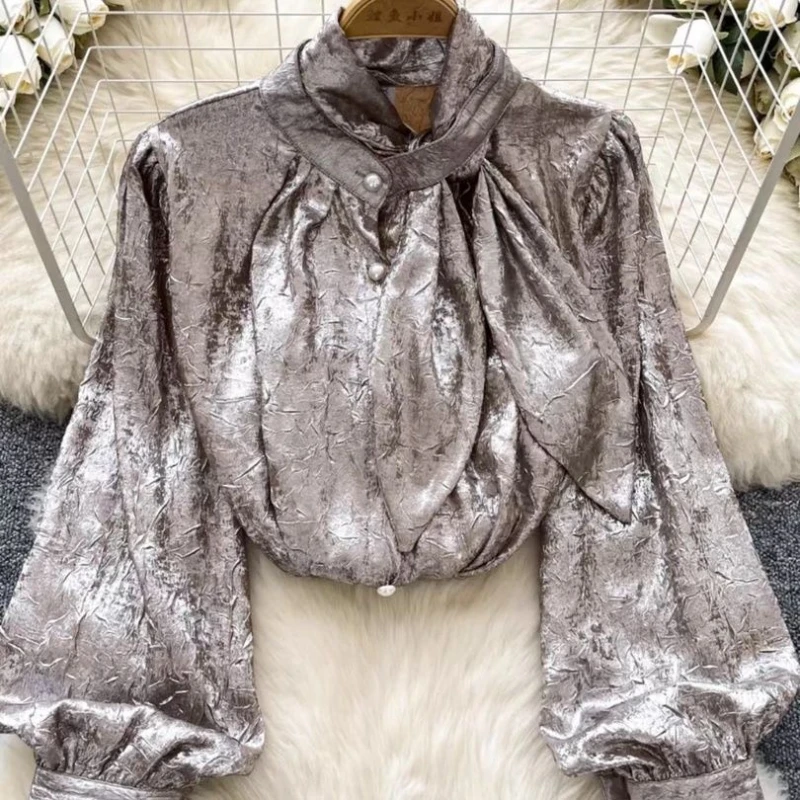 Mingyuan Qianjin Style Metallic Stand Collar Lantern Sleeve Autumn Texture Pattern Design Light Luxury Temperament Trendy Top