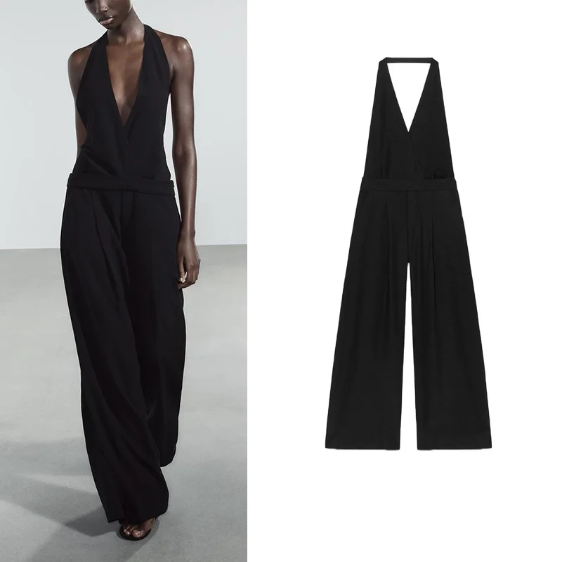 

Новое весеннее поступление, женский комбинезон из смешанной ткани, украшенный узлом, двубортный комбинезон с v-образным вырезом, длинные брюки с высокой талией
