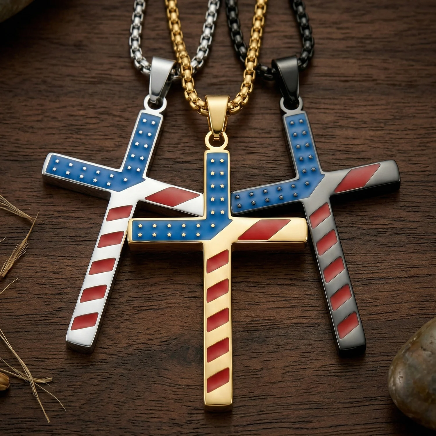 Stainless Steel American Flag Cross Pendant Necklace Stars Stripes Black Silver Gold