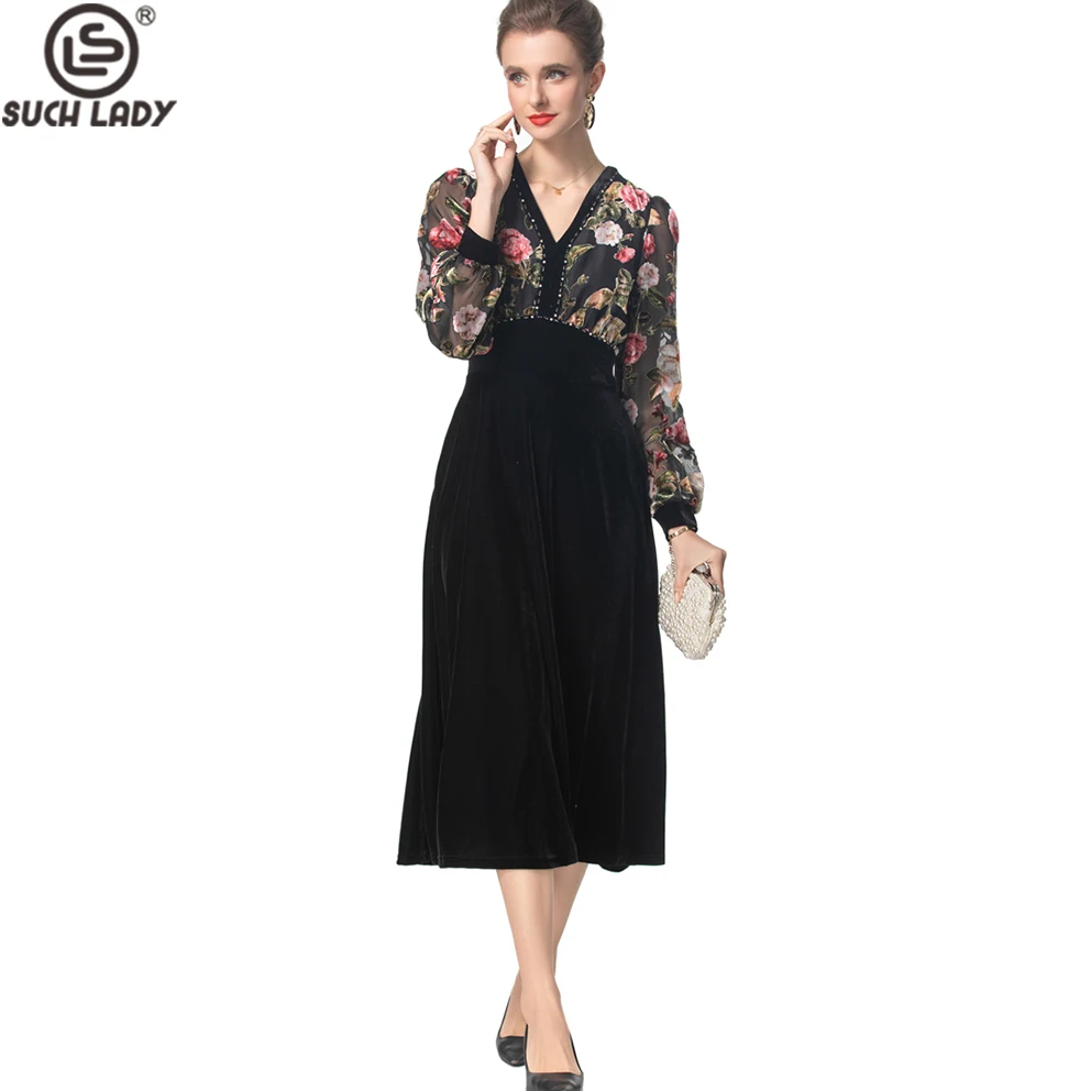 Women's Runway Dresses Sexy V Neck Long Sleeves Floral Printed Velvet Patchwork Elegant Fashion Designer Vestidos