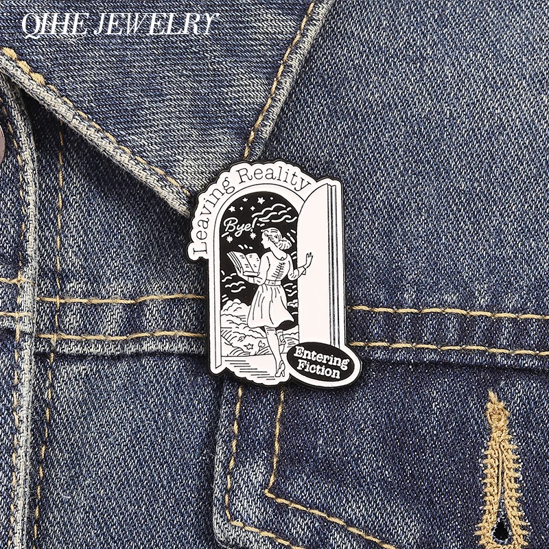Leaving Reality Bye Entering Fiction Brooch Enamel Pins Funny Fiction Figure Brooches Jacket Lapel Badge Jewelry Gift for Friend