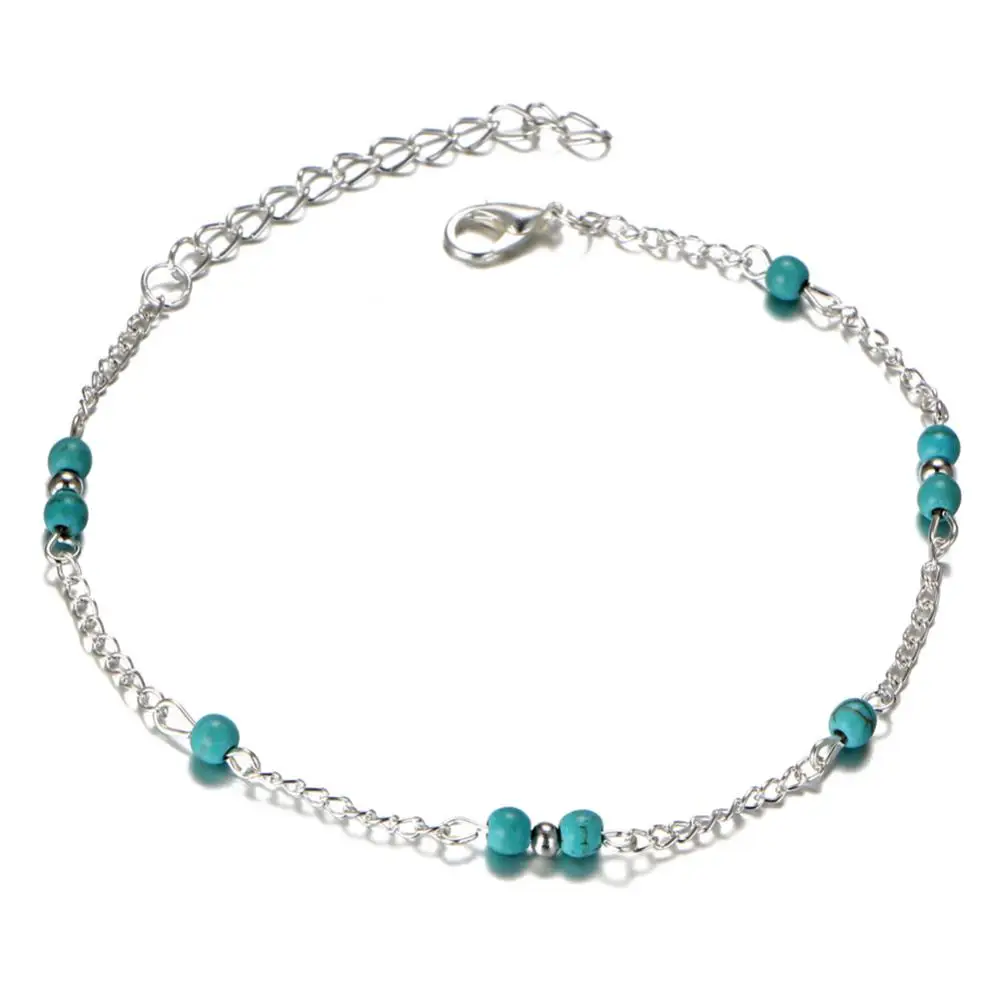 Women Beads Bracelet Faux Turquoise Chain Anklet Ankle Bracelet Beach Fashion Jewelry