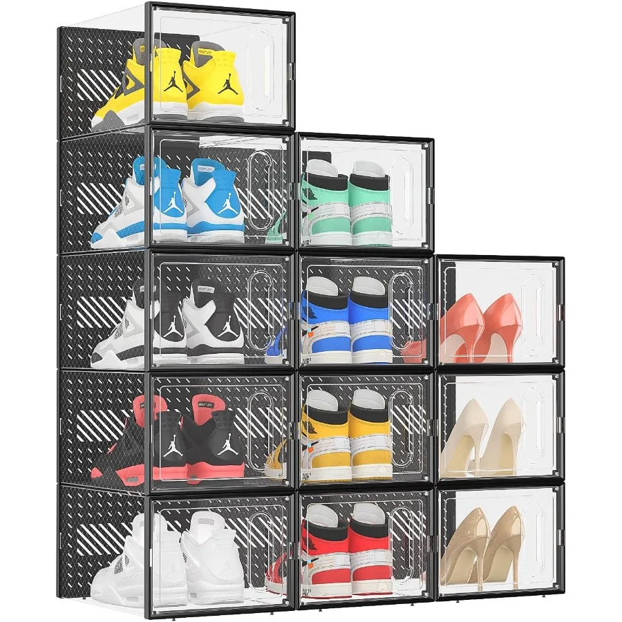 

XLarge Shoe Organizer with Magnetic Door 12 Pack Clear Plastic Stackable Shoe Storage Box Shoe Case Containers for Closet Entry