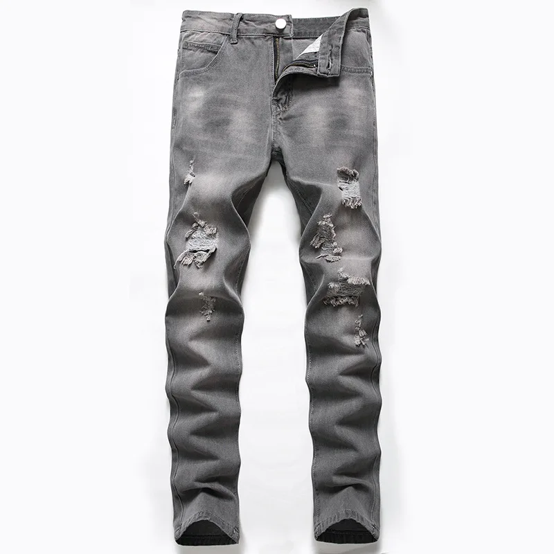 

Pop European And American Style Ripped Jeans Denim Men Hole Straight Slim Jeans Men Pants Trendy Pants Large Size Trousers