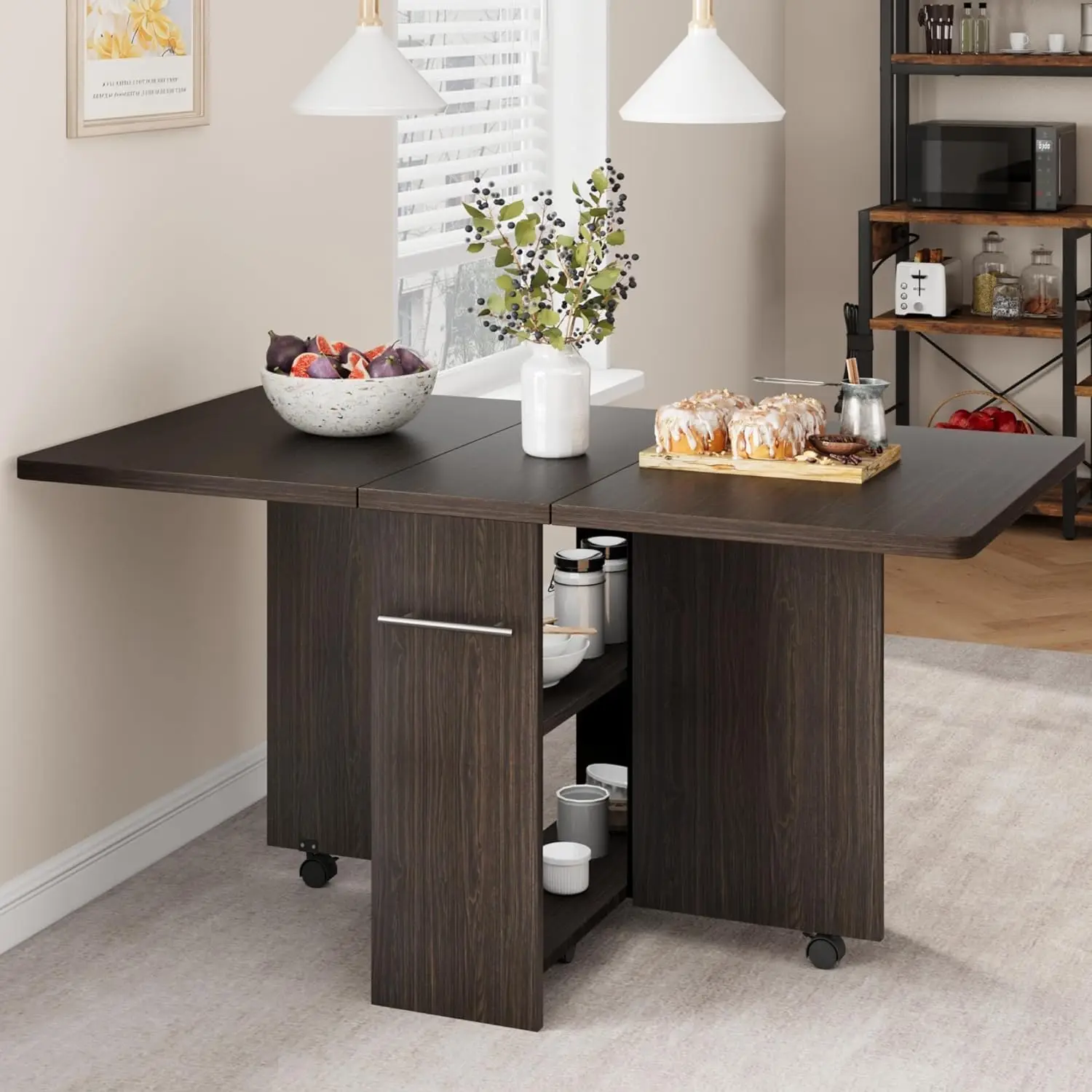 Mesa de Comedor Plegable, Mesa con Hojas Abatibles y 6 Ruedas y 2 Estantes de Almacenamiento, Mesa de Cocina Móvil Extensible que Ahorra Espacio