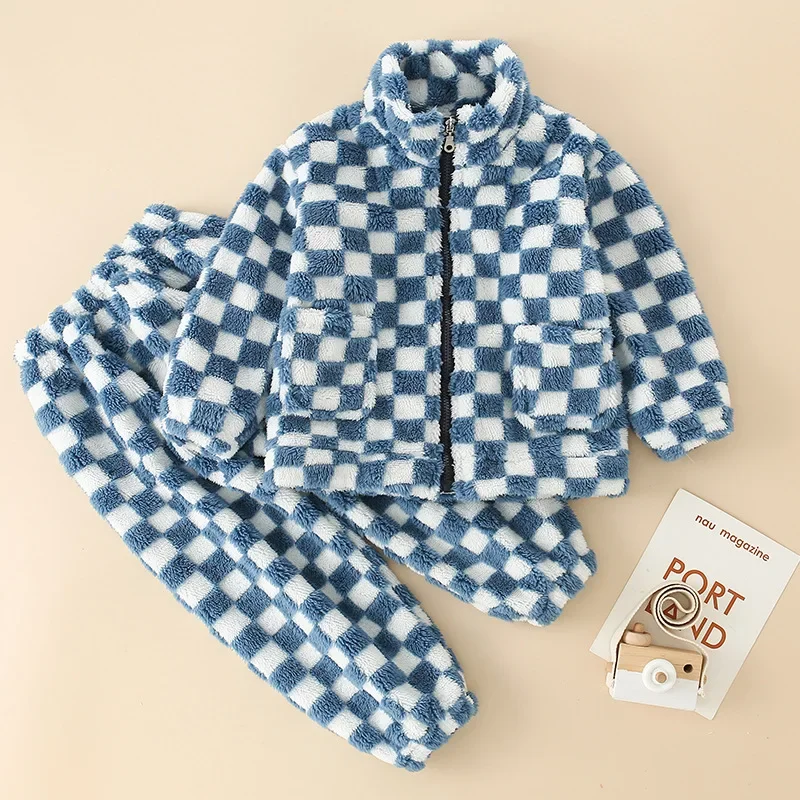 

Winter boys pajamas sets Thickened Girls Boys Zipper Cardigan Warm Home Clothes Set for kids Children's Flannel sleepwear