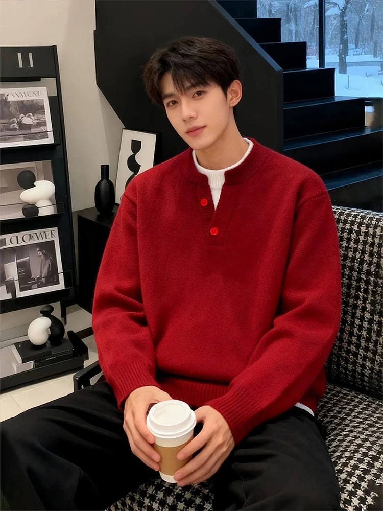 

Red Fce-Lined Knitwear Men's Winter Sweater Henry Collar Fake Two-Piece High-End Feeling Casual Sle Warm Comfortable