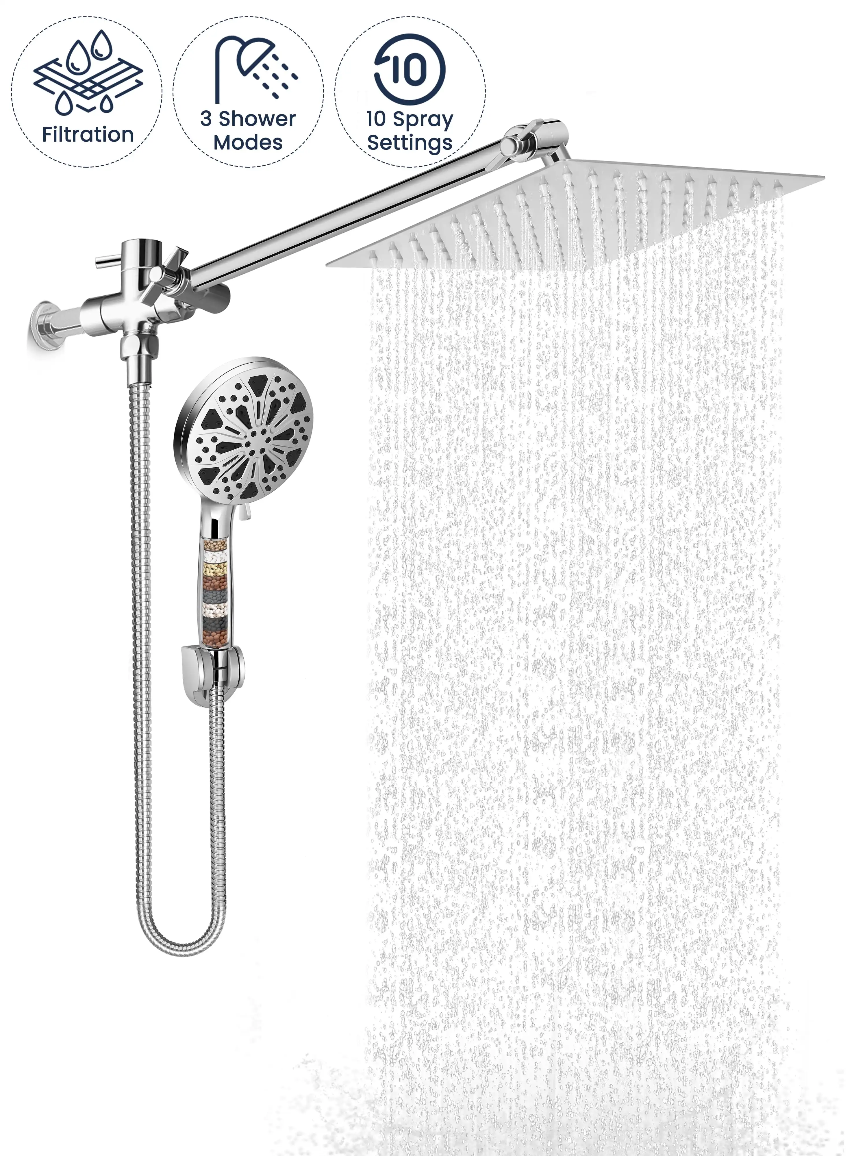 

8" High Pressure Rain Shower Head Combo with filter, 10 Setting Handheld Shower Head High performance shower