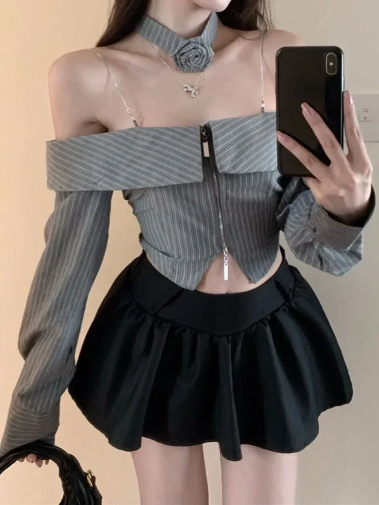 Y2k Aesthetic Slash Neck Women Stripe Blouse All Match Vintage Long Sleeve Crop Tops Fairy Fashion Double Zippers Casual Blusas