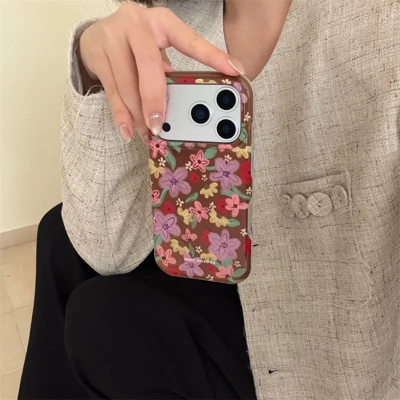 Double Layered Retro Brown Base Oil Painting With Flowers Phone Case For iPhone 17 Air 16 15 14 Pro Max 13 Anti Scratch Ins Y2K