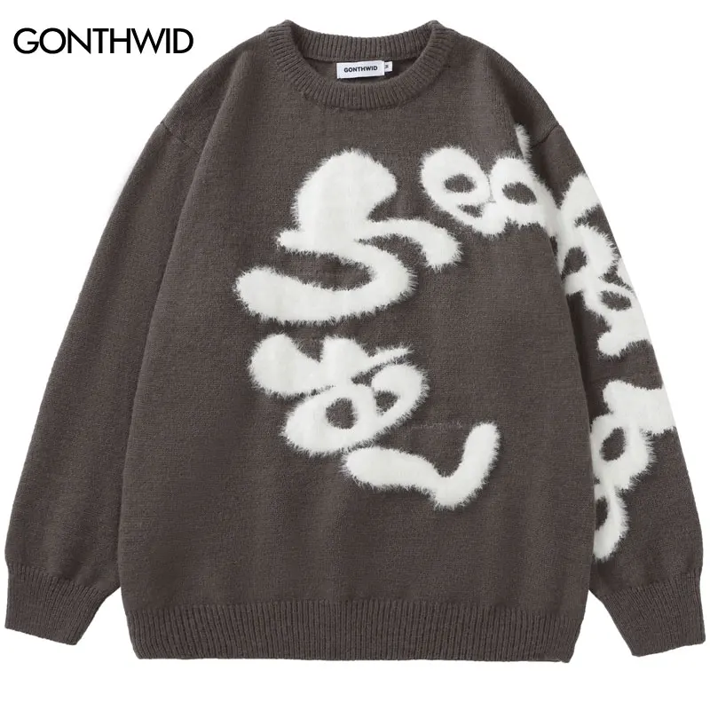 Harajuku Fluffy Letter Sweater Hip Hop Knitted Jumpers Streetwear 2024 Men Fashion Casual Loose Pullover Sweaters Knitwear