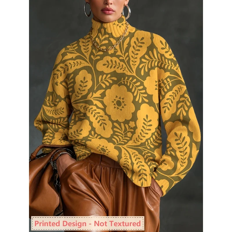 Women's Pastel Paisley Print Turtleneck Sweater Long Sleeve Knit Pullover Loose Casual Warm Autumn Winter Fashion Jumper Top