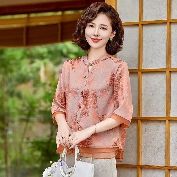 

Elegant Chinese Style Loose Shirt for Middle-aged and Elderly Women