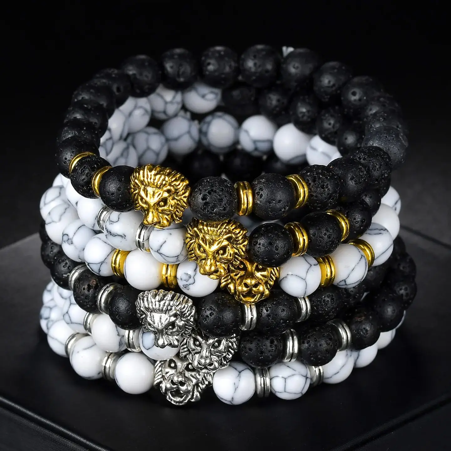 Punk 8mm Natural Stone Men\'s Lion Head Beaded Strand Bracelet Goth Lava Bangles Wristband Women Jewelry Boyfriend Gift