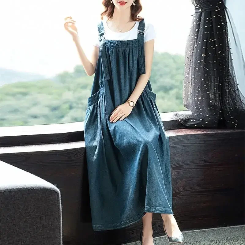 

Vintage Oversized Denim Dress Women Korean Fashion Party Birthday Dresses Harajuku Loose Casual New Maxi Dress Sleeveless