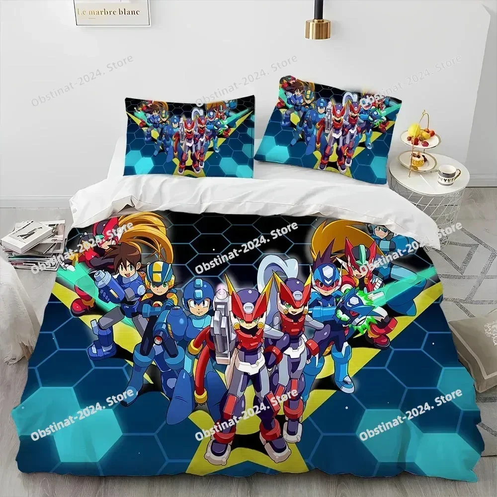 3D Rockman Megaman Game Cartoon 3D Printing Comforter Bedding Set,Duvet Cover Bed Set Quilt Cover Pillowcase,King Queen Size Kid