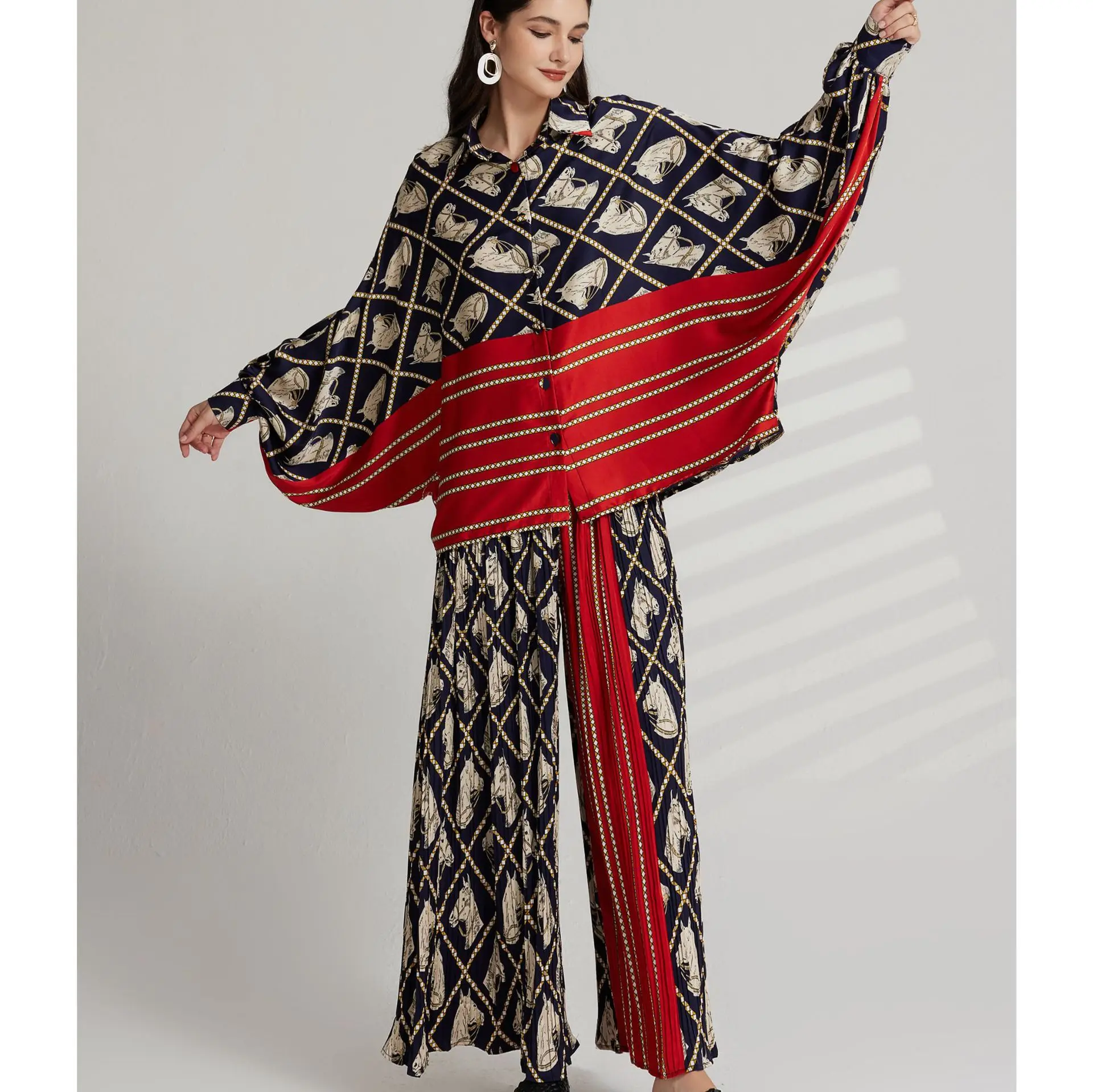 

SuperAen 2026 Spring New Korean Style Printed Batwing Sleeve Long-Sleeved Loose Oversize Shirts Patterned Pleated Pants Sets