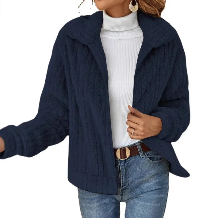 Cardigan en peluche à rayures pour femmes, col rabattu épissé, poche zippée, mode solide, polyvalent, décontracté, veste à manches courtes, nouveau