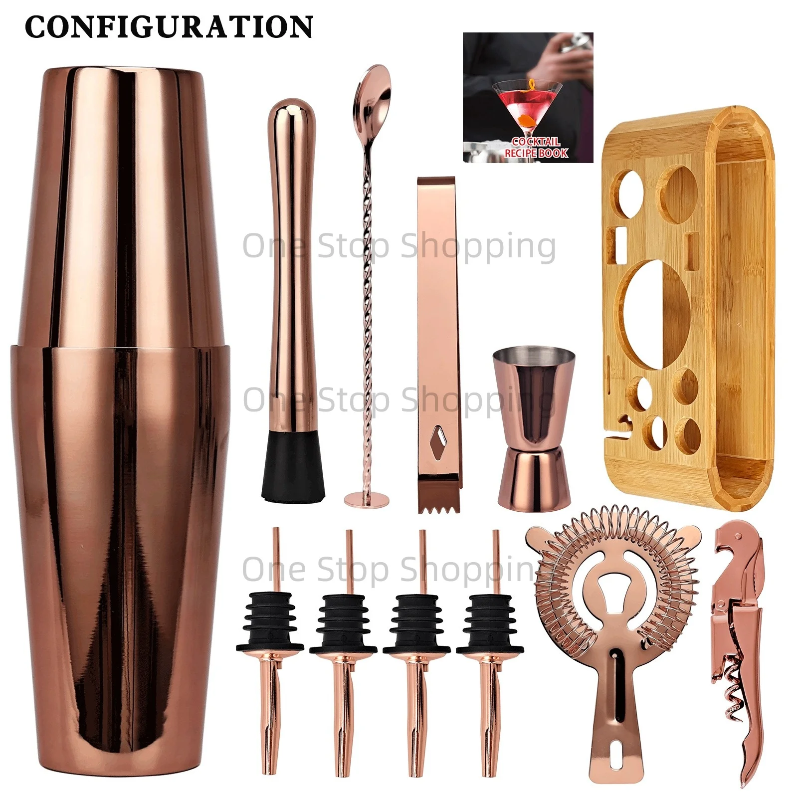 12PCS Cocktail Shaker Set Barkeeper Kit Bar Set Bambus Ständer Matini Shaker Rührlöffel Muddler Jigger Cocksrew für Barware Set – Detail 15