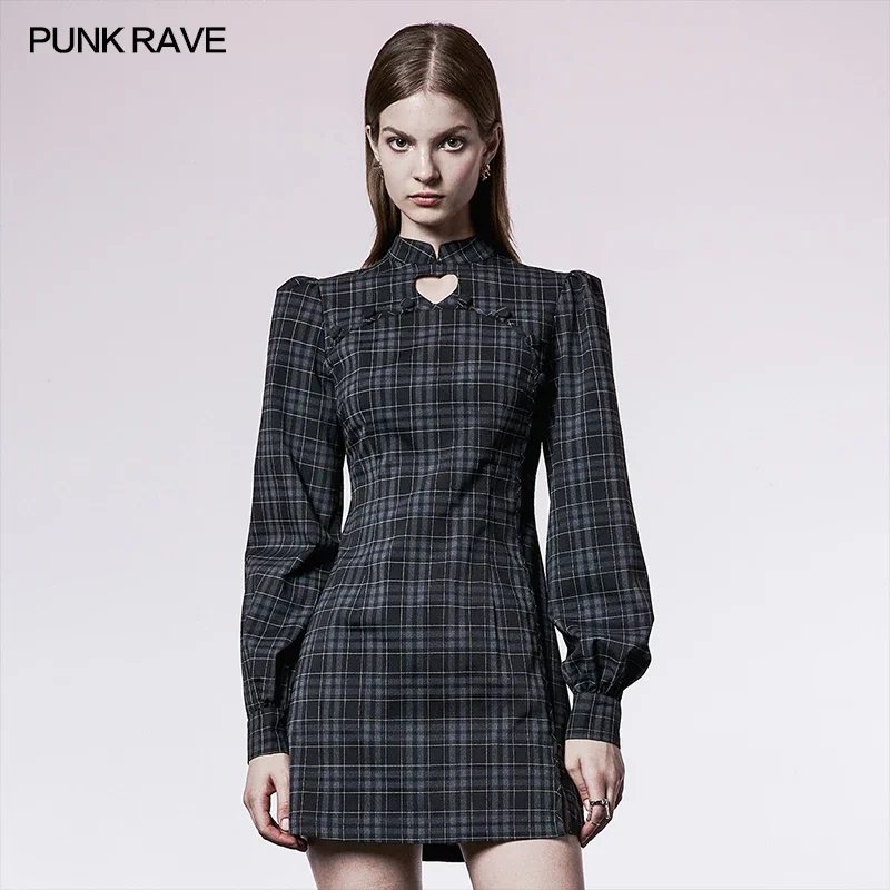 

PUNK RAVE Improved New Plaid Dress Stand Collar Heart Shape Hollow Out Lantern Sleeve Women Punk Clothing Woven Dresses