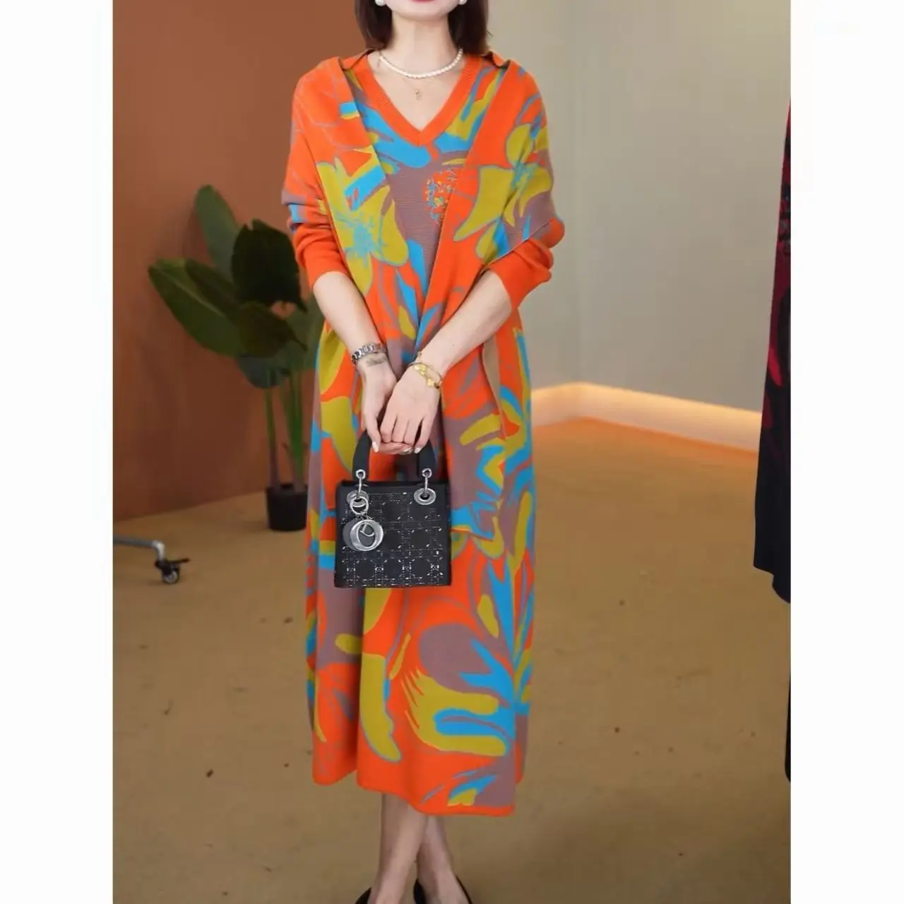 2025 우아한 바디콘 페스티벌 스웨터 여성용 한국 빈티지 럭셔리 프로모션 의류 가을 겨울 루즈 니트 플로럴 풀오버