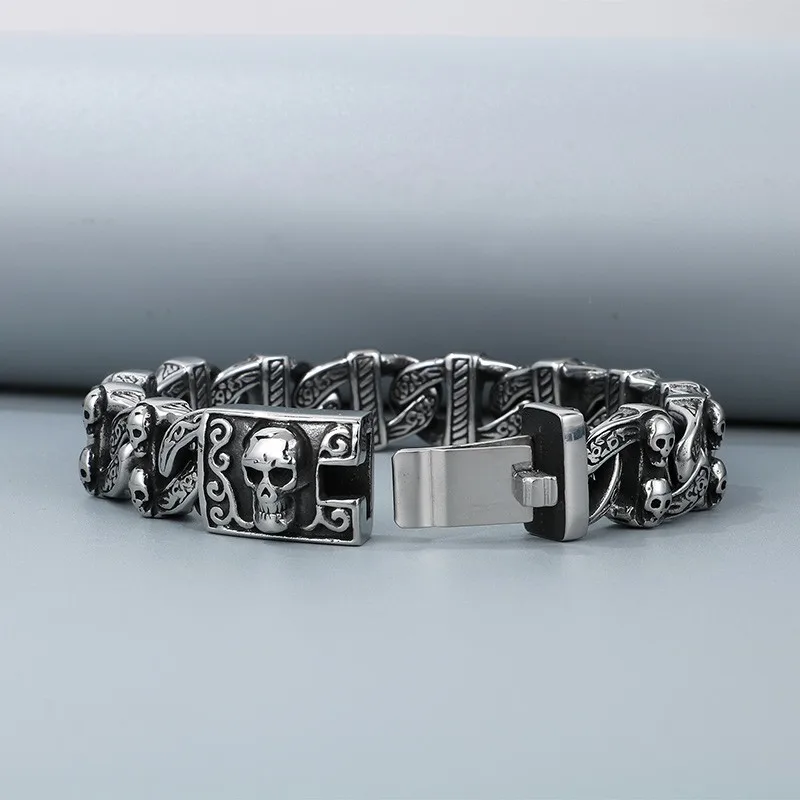 Fongten 21.5cm Skull Charm Bracelets For Men Stainless Steel Cuban Chain Men Bangle Bracelet Silver Color Skeleton Jewelry