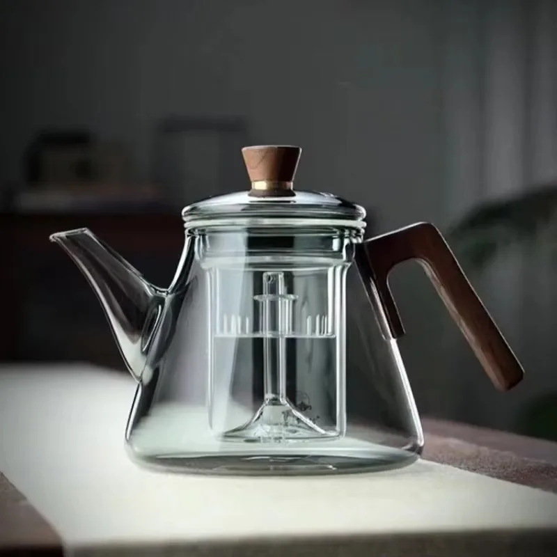 Wholesale heat-resistant borosilicate glass teapot set with glass tea filter and wooden handle