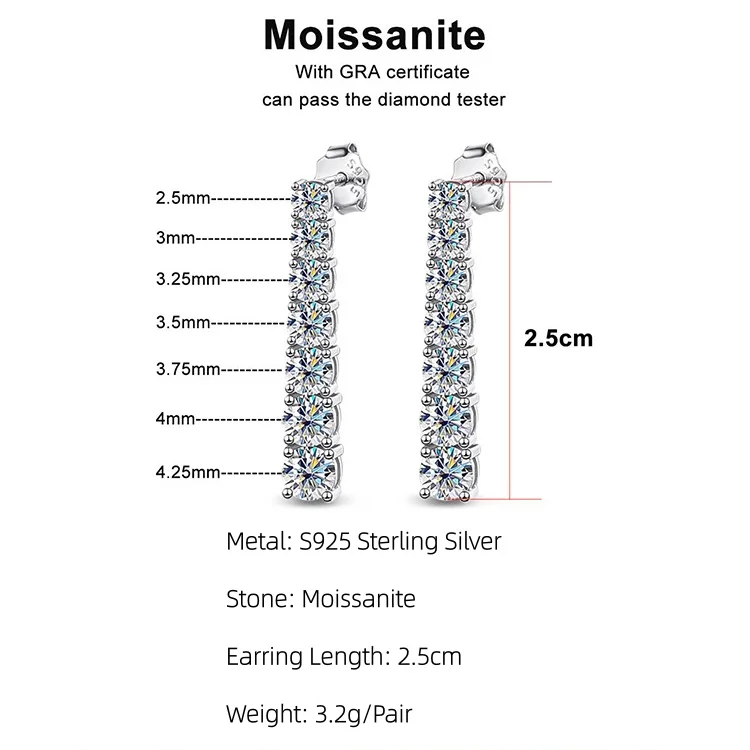 Graduated Moissanite Bar Drop Earrings for Women, D Color VVS1 Lab Diamond Tapered Linear Studs, 925 Sterling Silver, Elegant Of