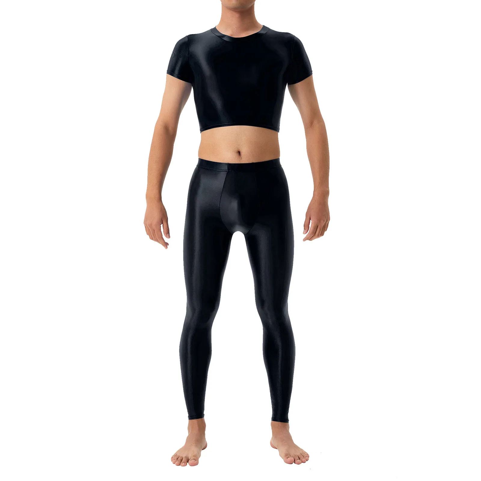 

Men Glossy Swimming Sport Set Short Sleeve Crop Top with Elastic Waistband Leggings for Gym Fitness Workout Shapewear Costumes