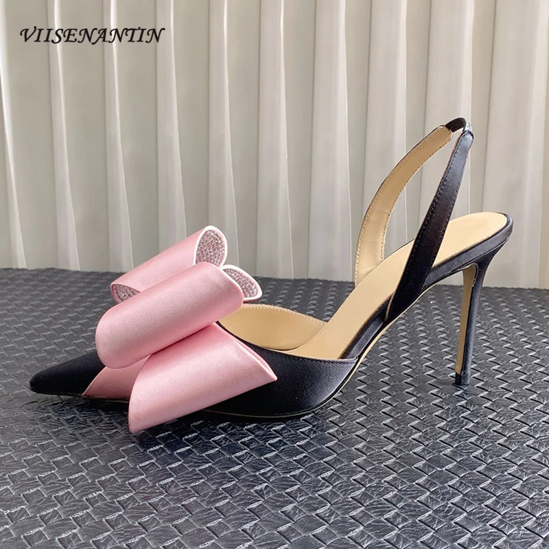 

Luxury Silk Satin Women Pump Butterfly Knot Pointed Toe Thin High Heel Sandal Runway Amazing Back Strap Lady Party Wedding Shoes