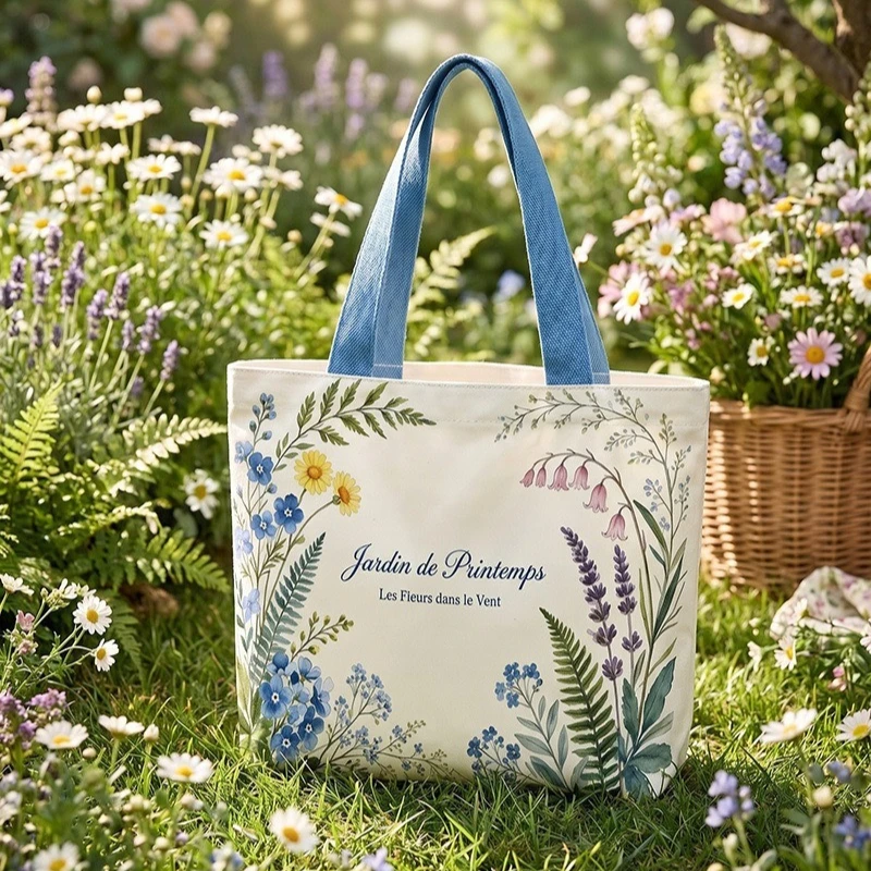 French Spring Garden Floral Canvas Tote Bag, Botanical Wildflower Handbag, Portable Daily Shopping Work Handbag for Women