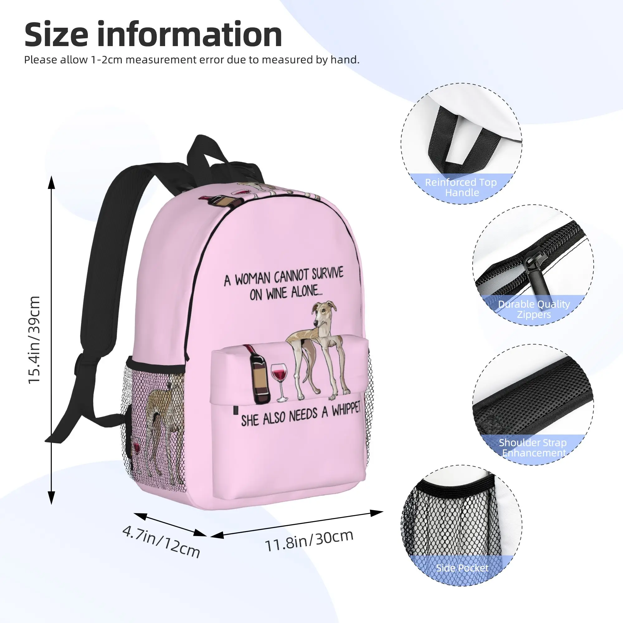 Whippet dog and wine Funny gift for dog mom Backpack Hot Sale Daypack Boys Girls BookBag Shoulder Bags for Men Women School Bag