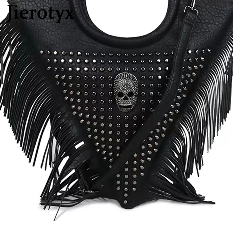 JIEROTYX Women Black Tassel Bags Classic PU Leather Shoulder Bags Gothic Rivets Skull Large Handbags Purse Shoulder Tote