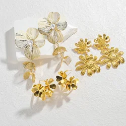New Retro Irregular Sized Sunflower Earrings Linear Pearl Flower Earrings Gold Color Stainless Steel For Women Jewelry Gifts