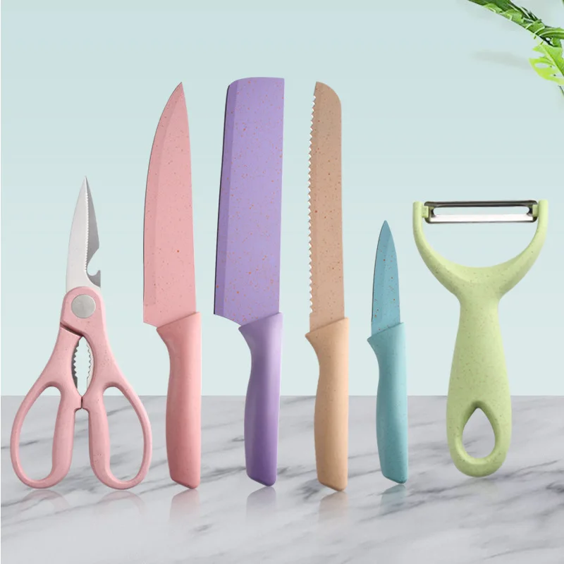 

Premium 6-Piece Colorful Knife Set, Cute Fruit Knife Set with PP Handle High Sharpnesse Kitchen Knife Cutlery w Peeler Scissor