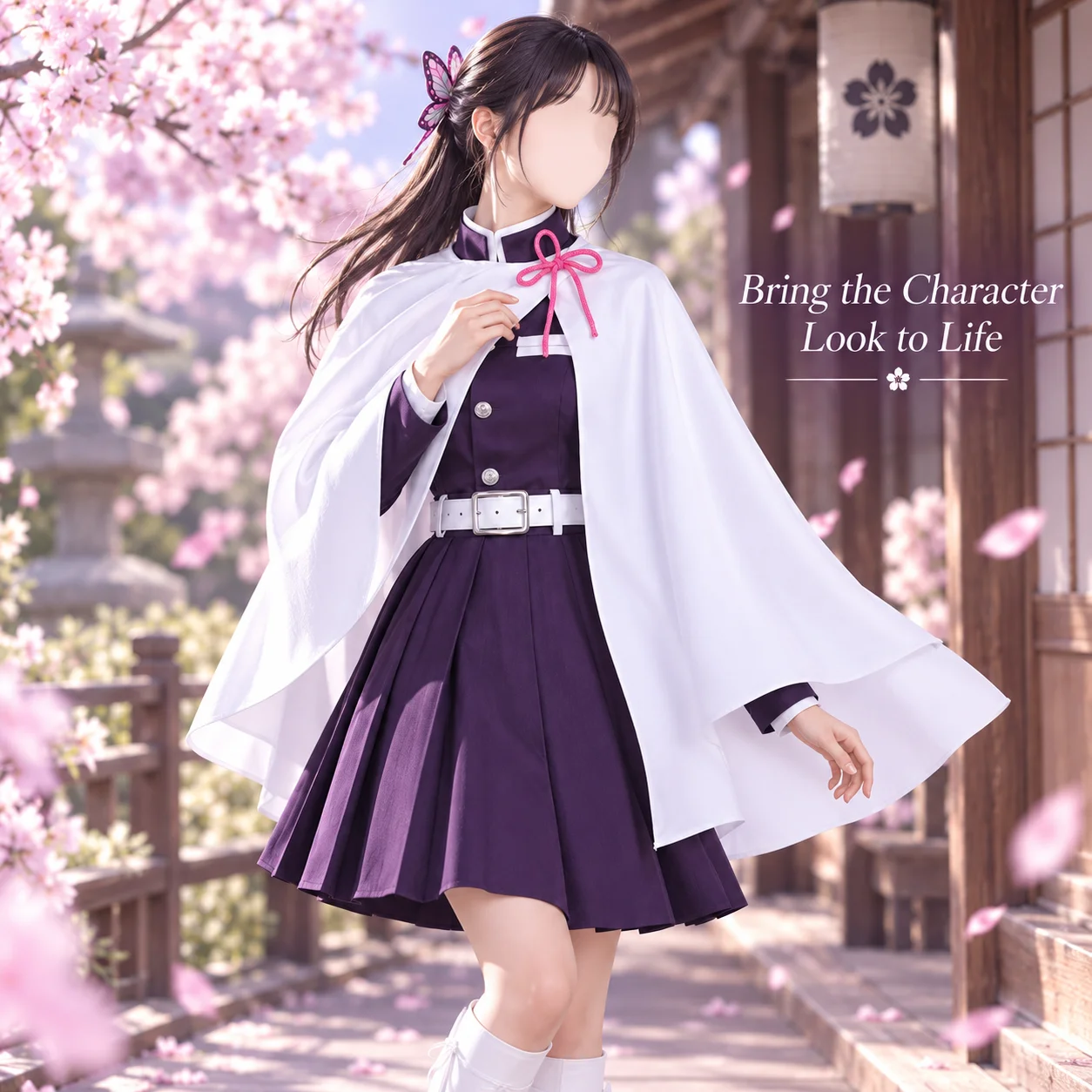 Costume cosplay a tema giapponese in stile retrò, composto da mantello lungo e gonna plissettata, completo di fermaglio per capelli decorativo, ideale per feste a tema anime e spettacoli teatrali.